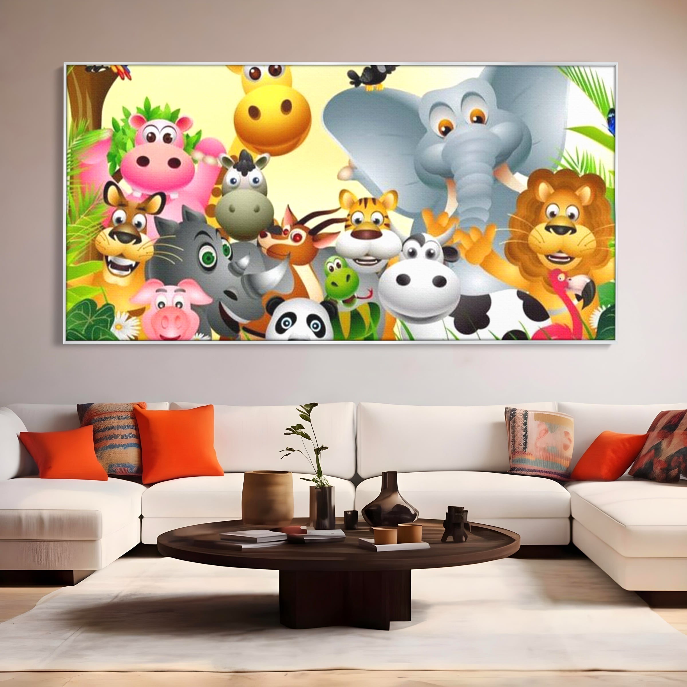 Tablou canvas cu tablou canvas cu animale din jungla, in rama de aluminiu argintiu, pe perete intr-un living